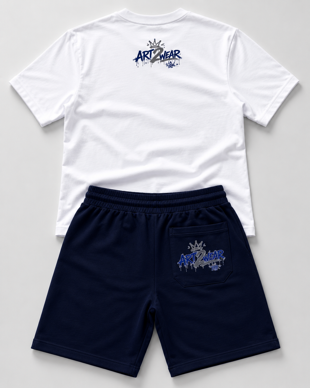 ART2WEAR Royal Blue Streetwear Tee & Fleece Short Set – White/Blue