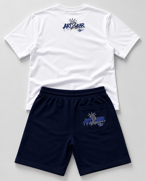 ART2WEAR Royal Blue Streetwear Tee & Fleece Short Set – White/Blue