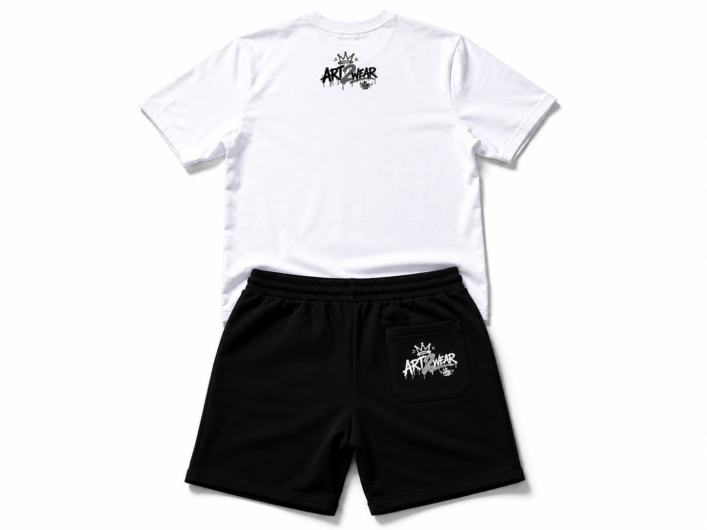 ART2WEAR Monochrome Streetwear Tee & Fleece Short Set – White/Black
