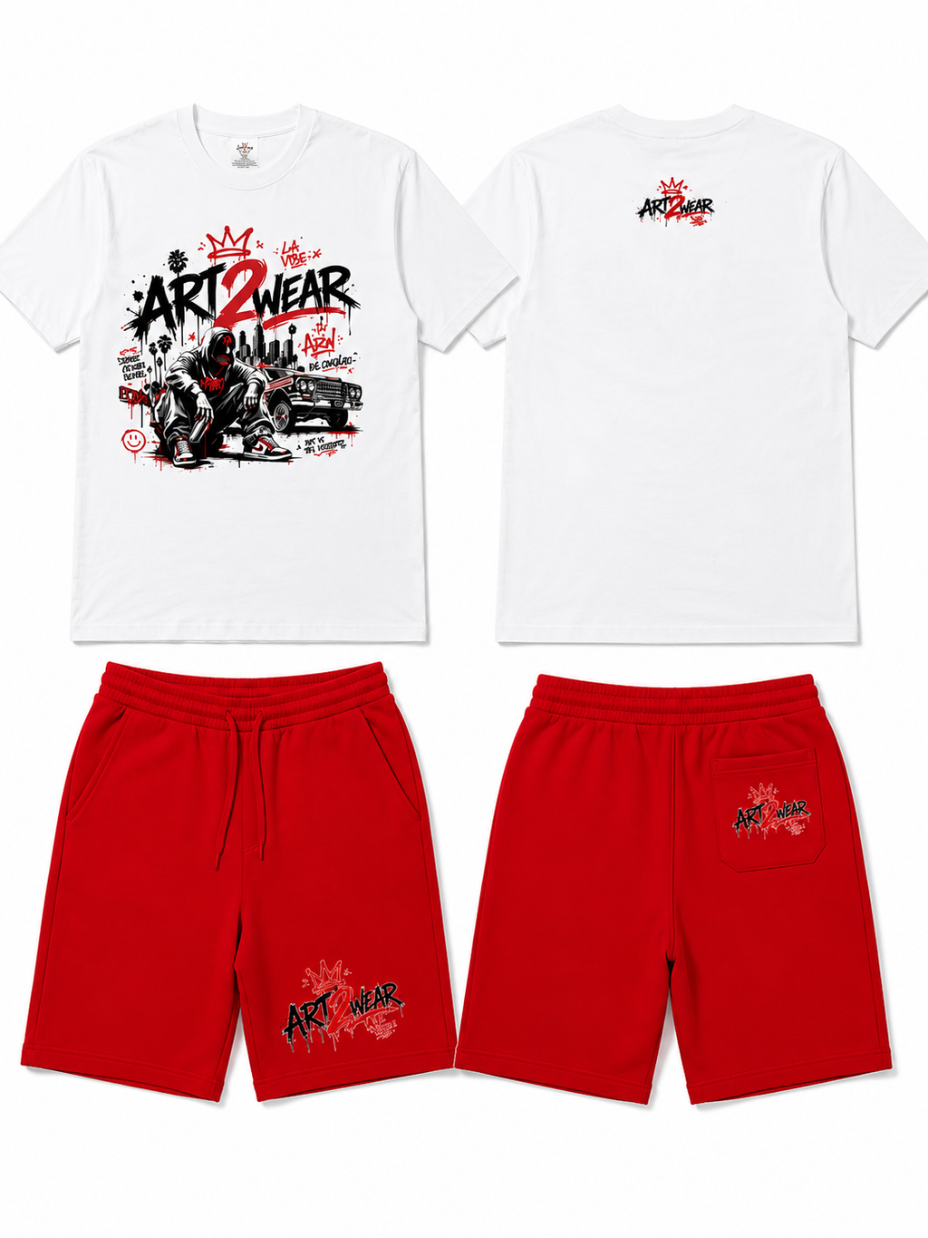 ART2WEAR Urban Graffiti Tee & Fleece Short Set – White/Red