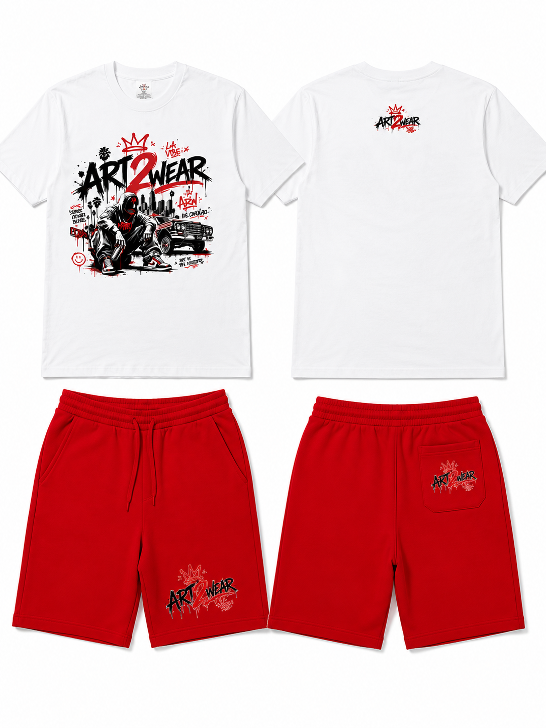 ART2WEAR Urban Graffiti Tee & Fleece Short Set – White/Red