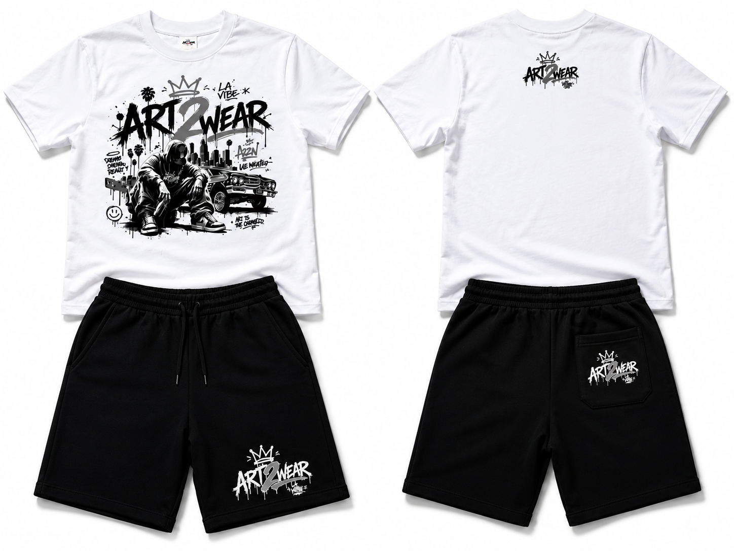 ART2WEAR Monochrome Streetwear Tee & Fleece Short Set – White/Black