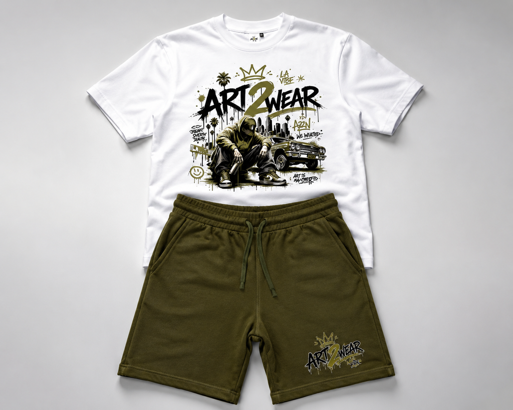 ART2WEAR Olive Green Streetwear Tee & Fleece Short Set – White/Olive