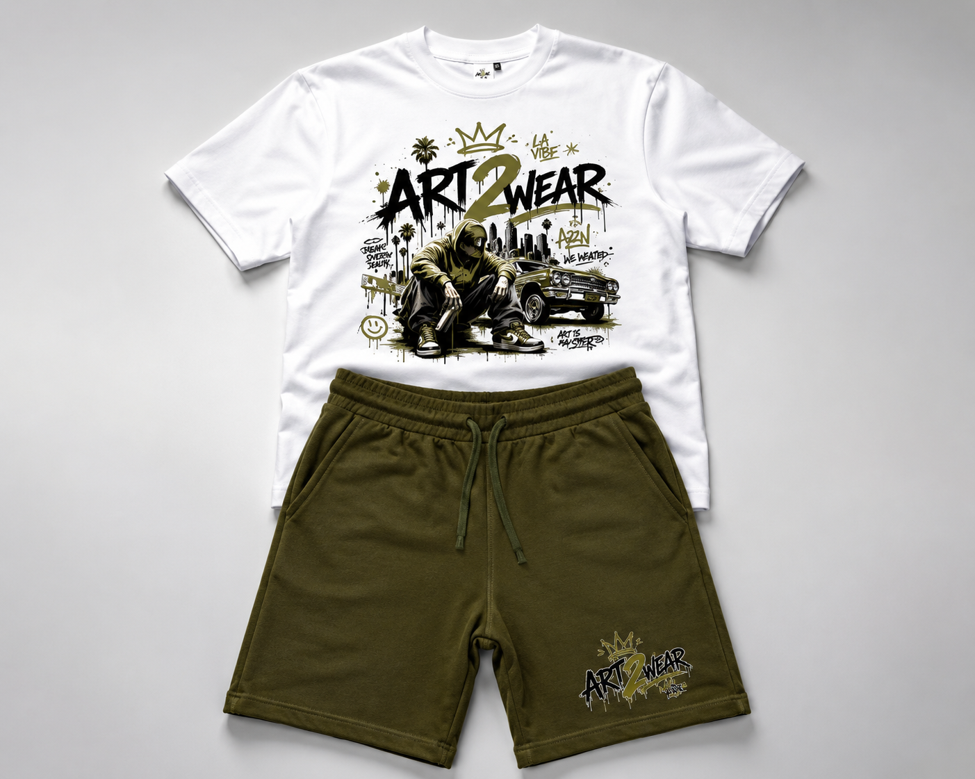 ART2WEAR Olive Green Streetwear Tee & Fleece Short Set – White/Olive