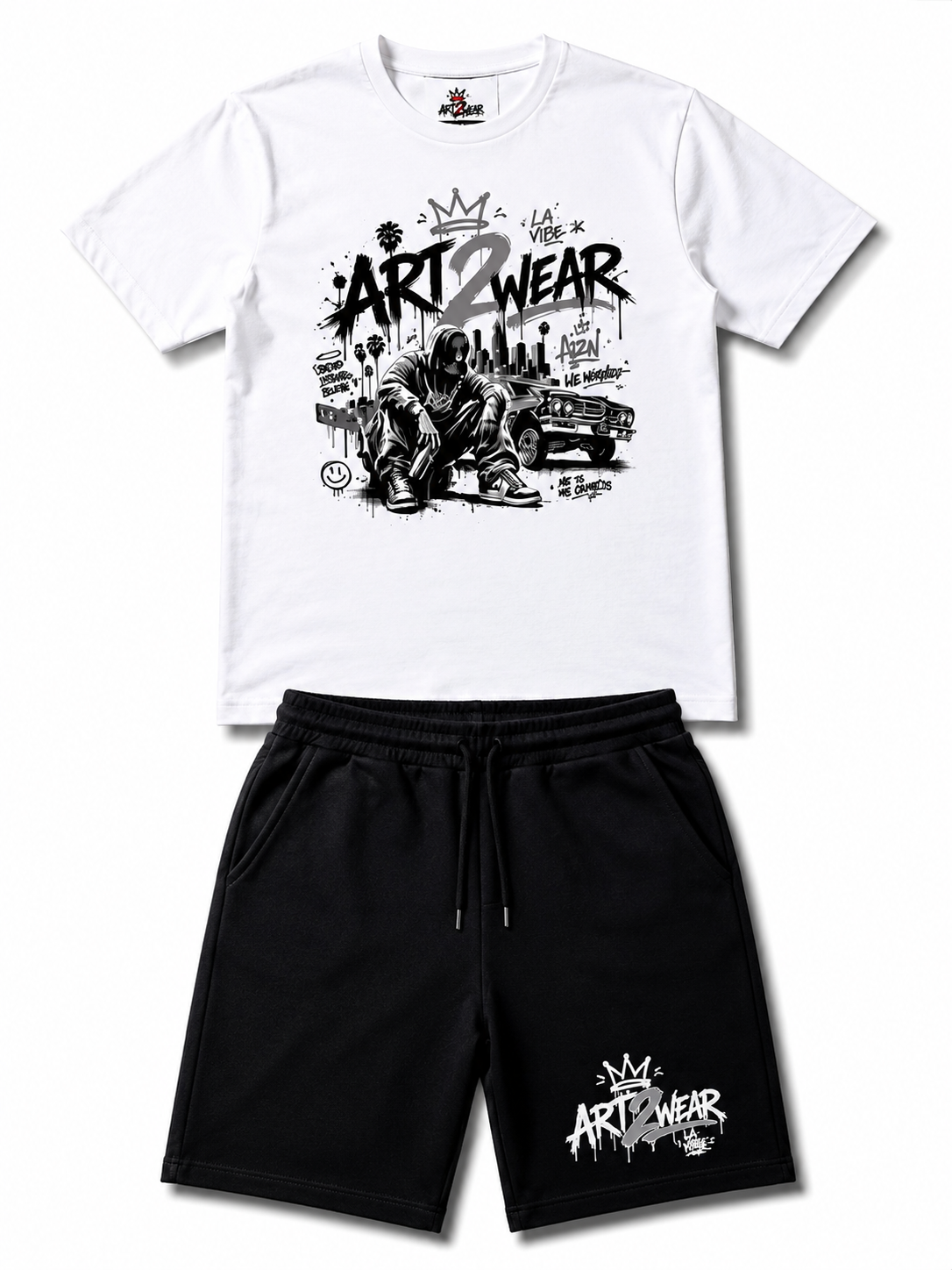 ART2WEAR Monochrome Streetwear Tee & Fleece Short Set – White/Black