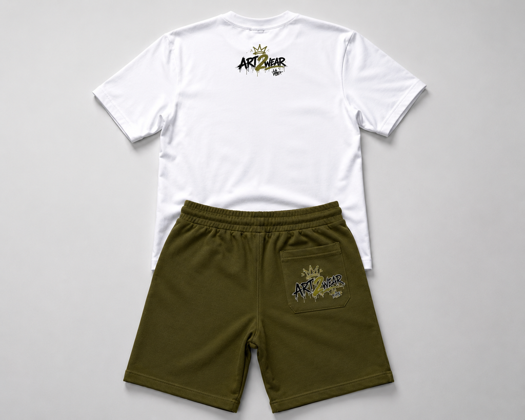 ART2WEAR Olive Green Streetwear Tee & Fleece Short Set – White/Olive