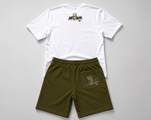 ART2WEAR Olive Green Streetwear Tee & Fleece Short Set – White/Olive