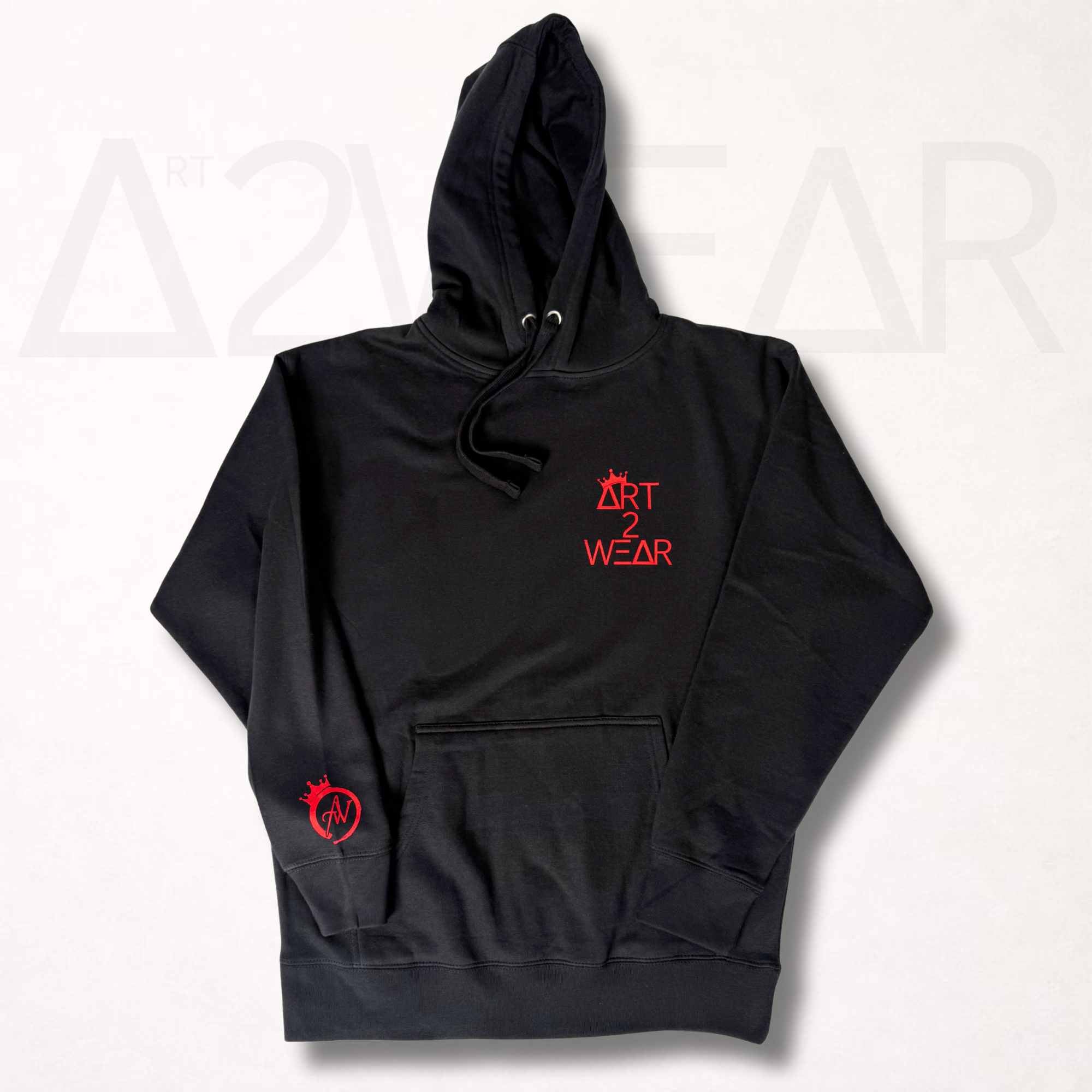 Black pullover hoodie with red Art to Wear logo on chest and crowned A2W emblem on sleeve