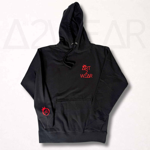Black pullover hoodie with red Art to Wear logo on chest and crowned A2W emblem on sleeve