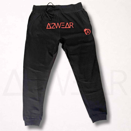 Black sweatpants with red Art to Wear logo and crowned A2W emblem, Art to Wear streetwear pants