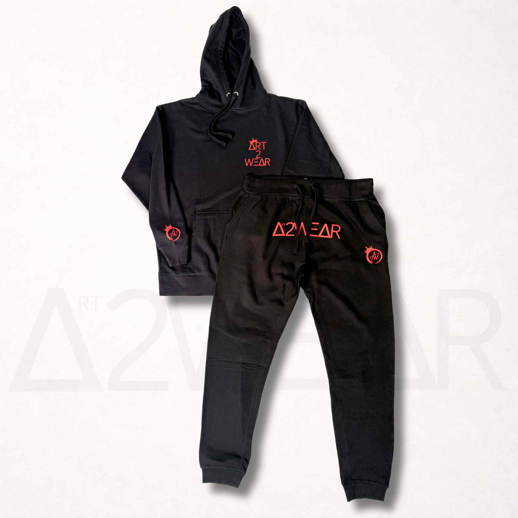 Black sweatsuit set with red Art to Wear logo hoodie and matching sweatpants, Art to Wear streetwear set