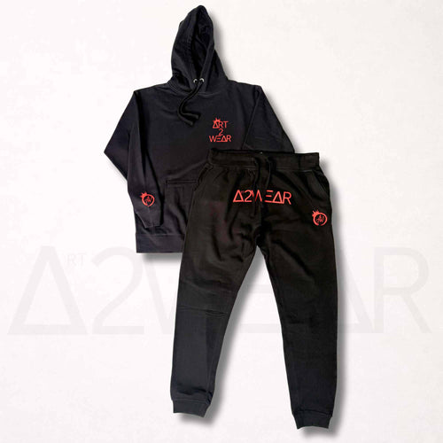 Black sweatsuit set with red Art to Wear logo hoodie and matching sweatpants, Art to Wear streetwear set