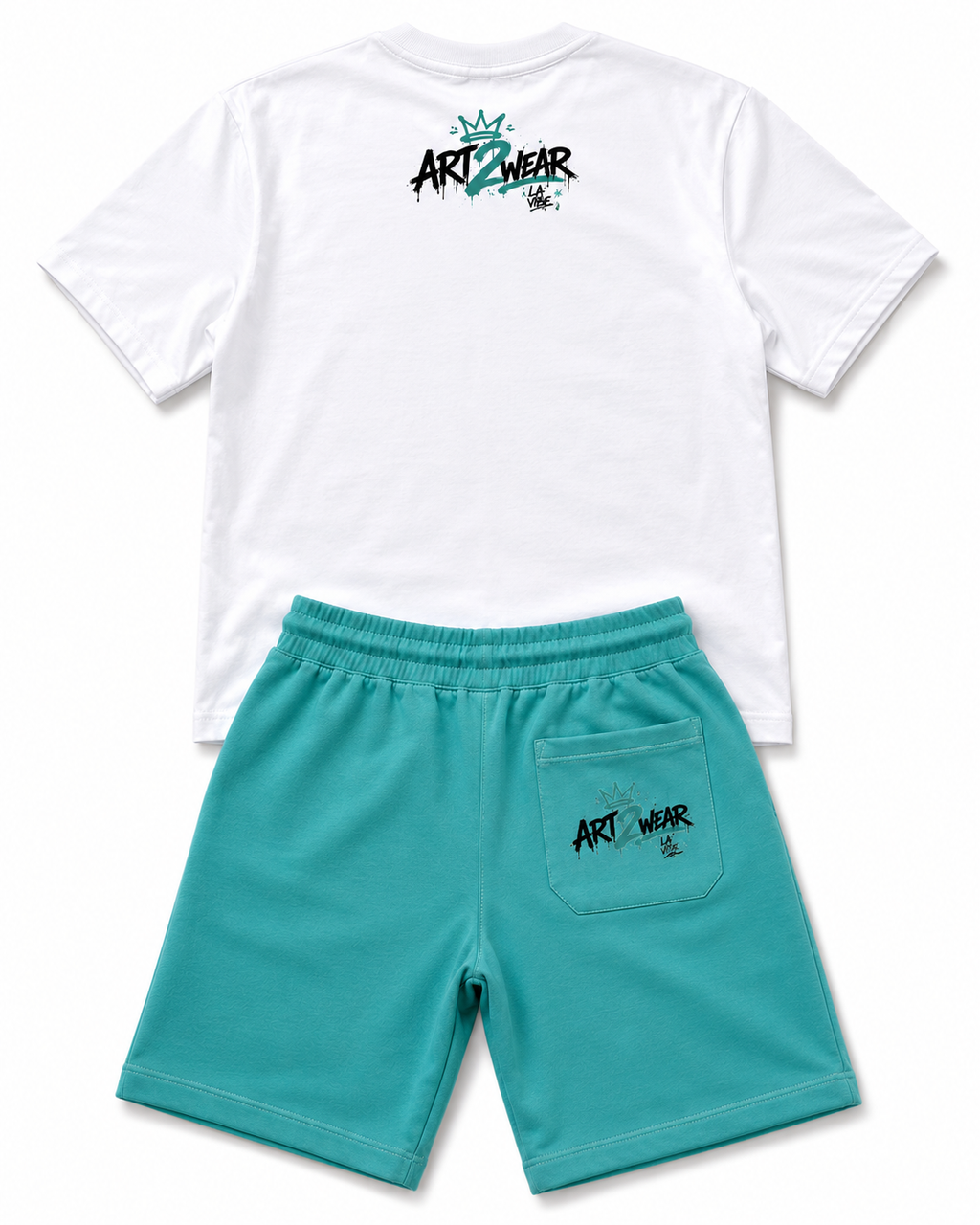 ART2WEAR Aqua Wave Streetwear Tee & Fleece Short Set – White/Aqua