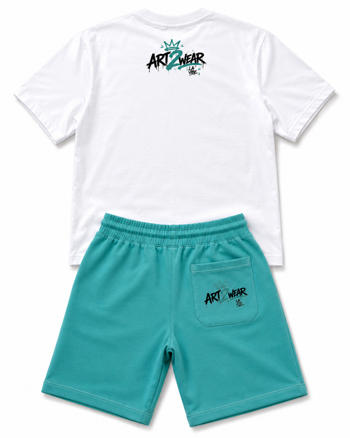 ART2WEAR Aqua Wave Streetwear Tee & Fleece Short Set – White/Aqua