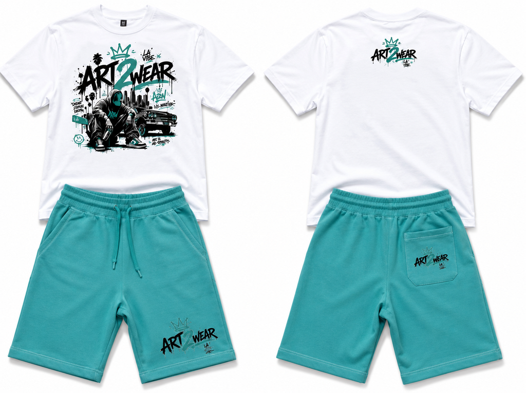 ART2WEAR Aqua Wave Streetwear Tee & Fleece Short Set – White/Aqua