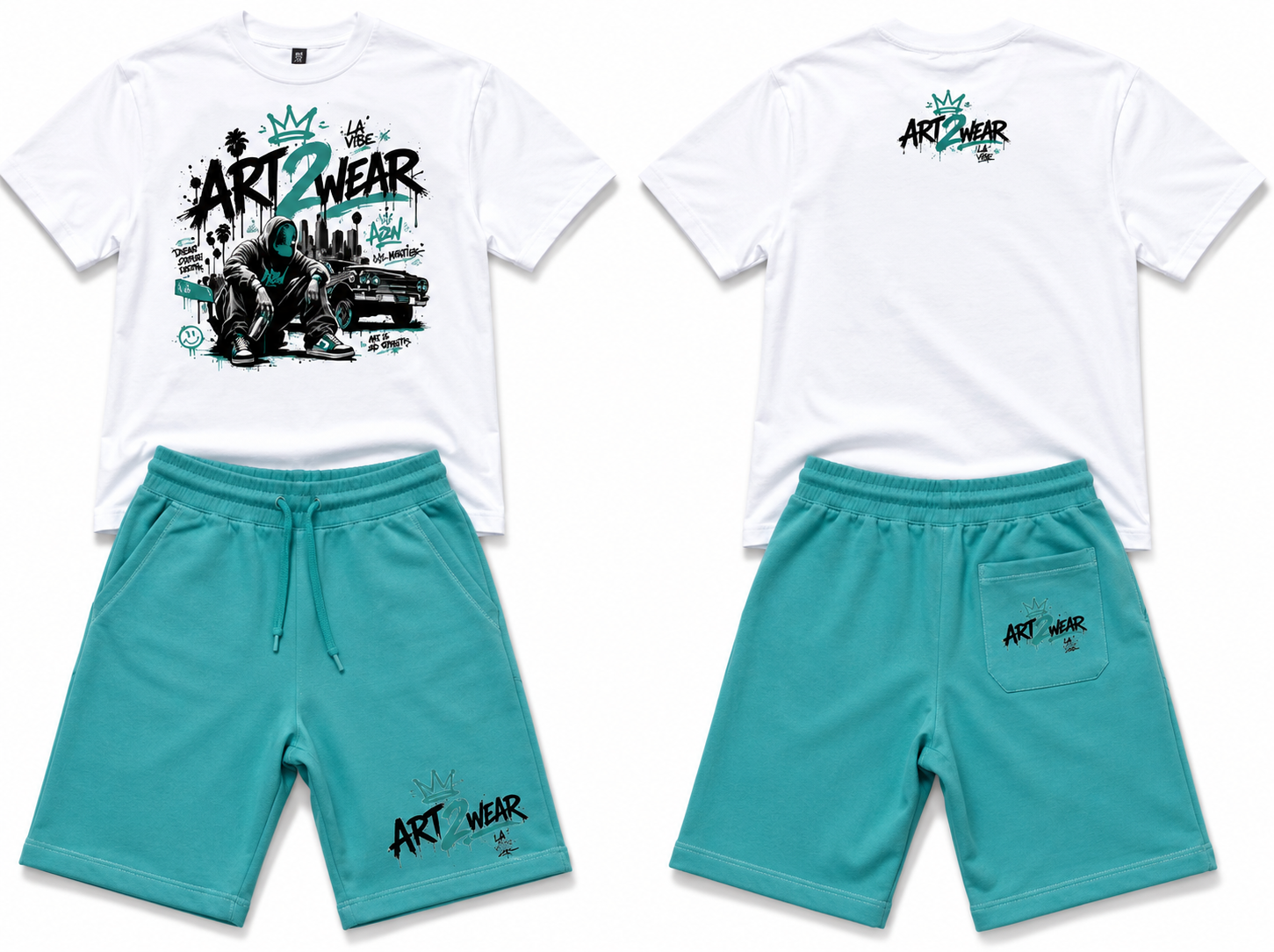 ART2WEAR Aqua Wave Streetwear Tee & Fleece Short Set – White/Aqua