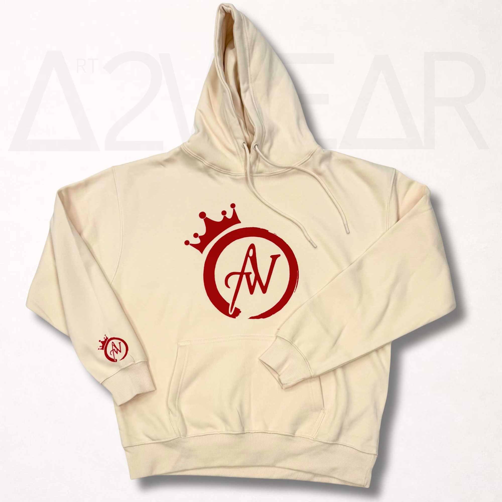 Cream pullover hoodie with dark red bubble crown logo on chest and sleeve, Art to Wear hoodie