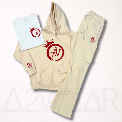 Cream sweatsuit set with dark red bubble print hoodie and flared sweatpants, Art to Wear streetwear set