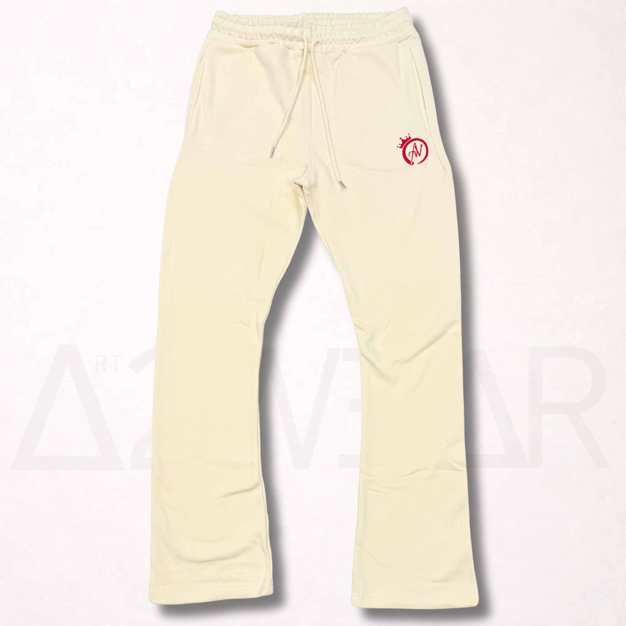 Cream flared sweatpants with dark red bubble print crowned A2W logo, Art to Wear streetwear pants