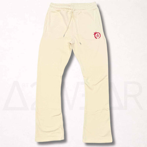 Cream flared sweatpants with dark red bubble print crowned A2W logo, Art to Wear streetwear pants