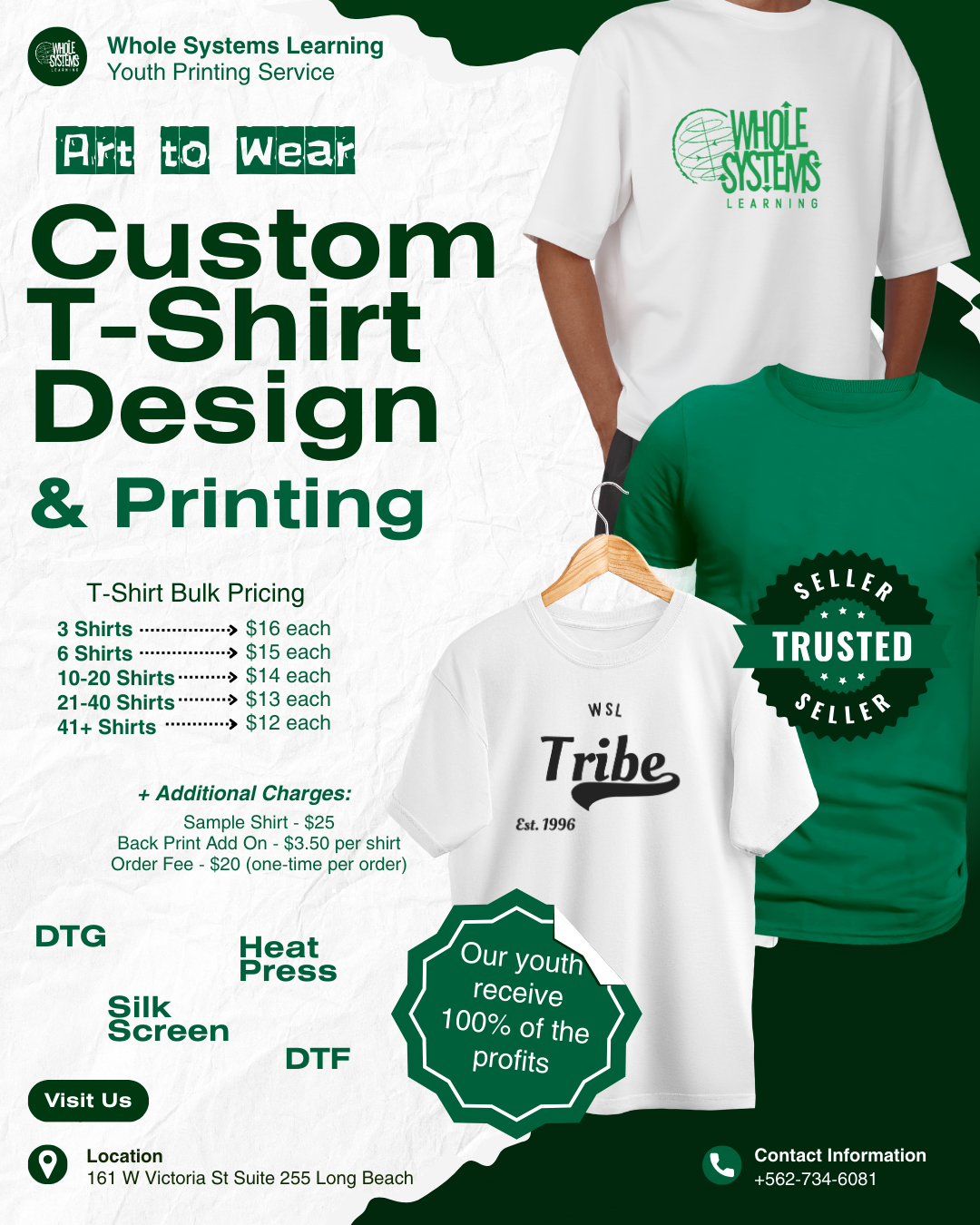 Promotional poster for custom t-shirt design and printing services with t-shirts on display.