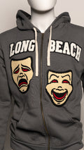 Gray hoodie with 'Long Beach' text and theatrical masks on a mannequin.