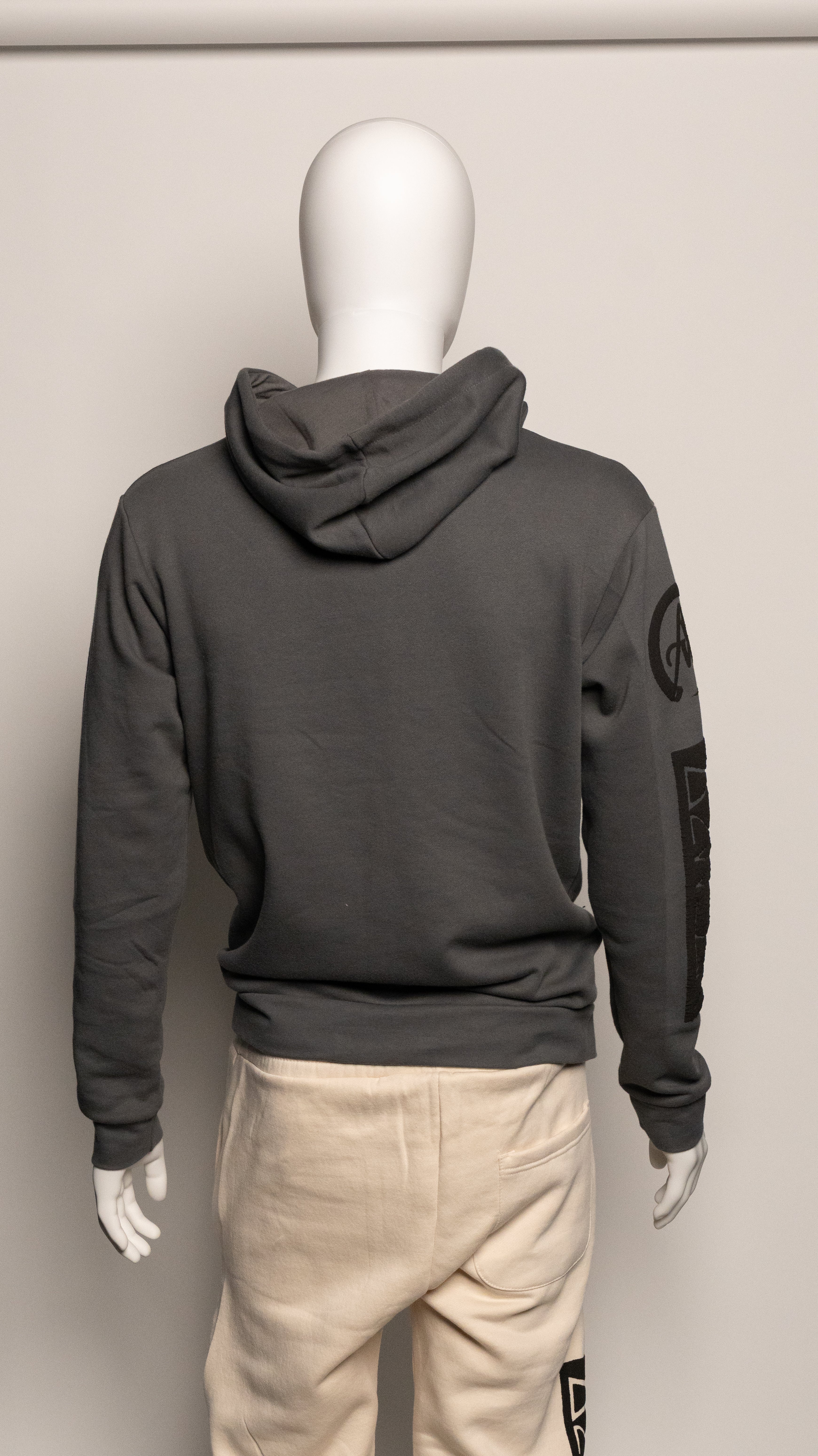 Mannequin wearing a dark gray hoodie with a visible brand logo on the back, standing against a plain background.