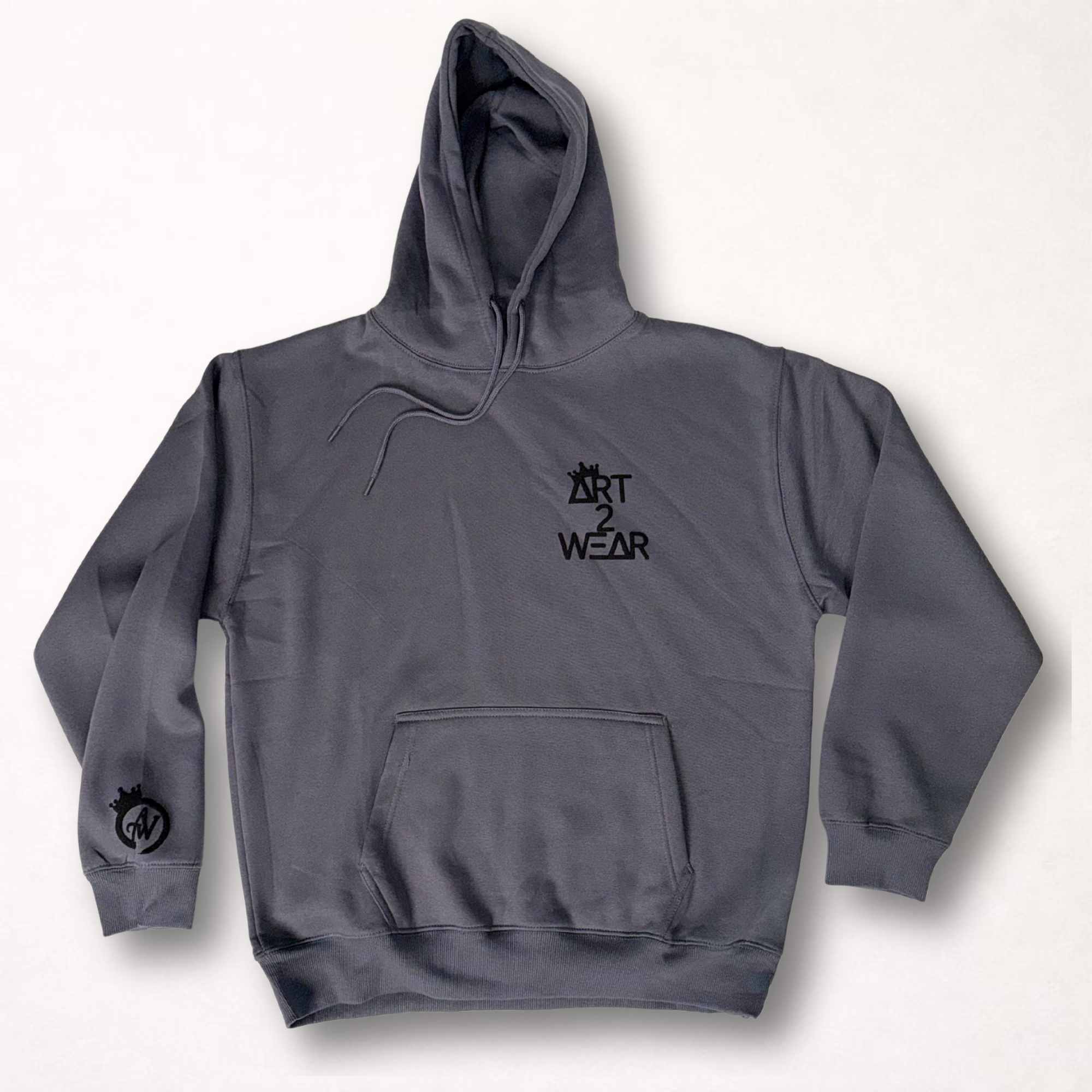 Dark gray pullover hoodie with black Art to Wear badge logo on chest and crowned A2W emblem on sleeve