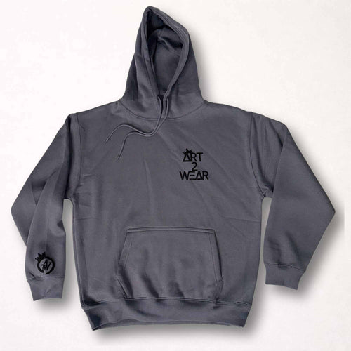 Dark gray pullover hoodie with black Art to Wear badge logo on chest and crowned A2W emblem on sleeve