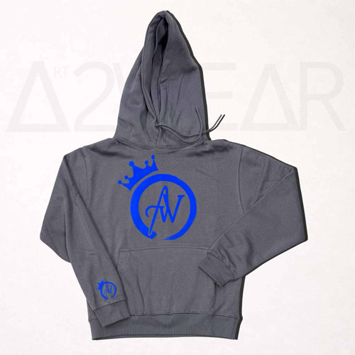 Dark gray pullover hoodie with blue crowned A2W logo on chest and sleeve, Art to Wear hoodie