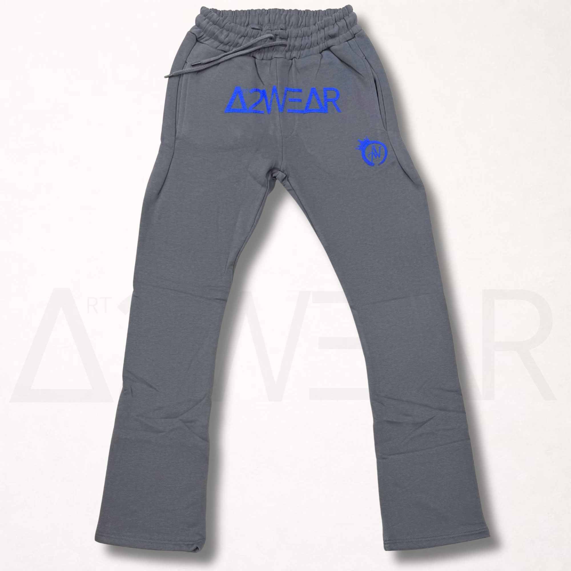 Dark gray sweatpants with blue A2WEAR wordmark and crowned A2W logo, Art to Wear streetwear pants
