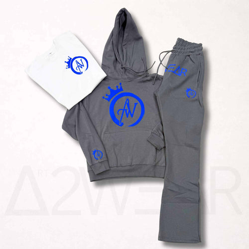 Dark gray sweatsuit set with blue crown print hoodie and matching sweatpants, Art to Wear streetwear set