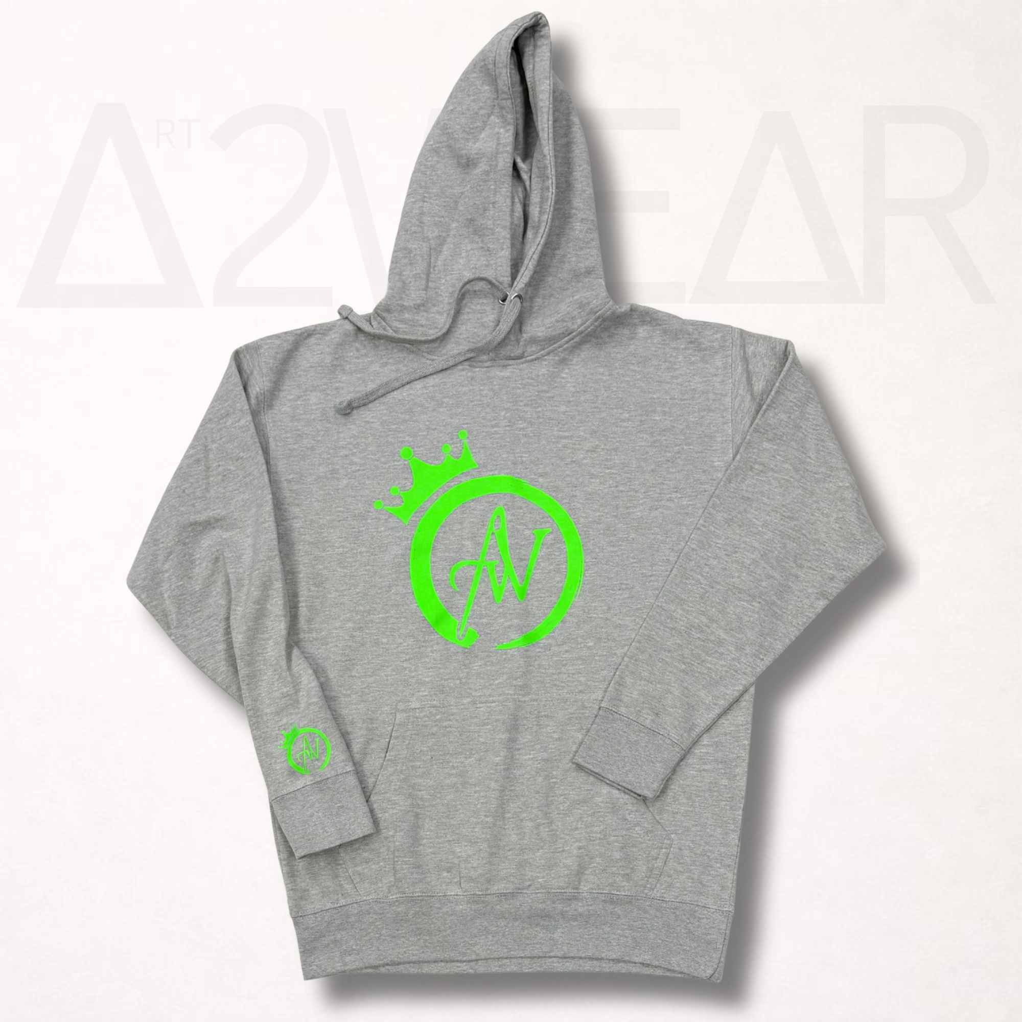 Gray pullover hoodie with lime green crowned A2W logo on chest and sleeve, Art to Wear hoodie