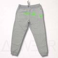 Gray sweatpants with green branding on a white background