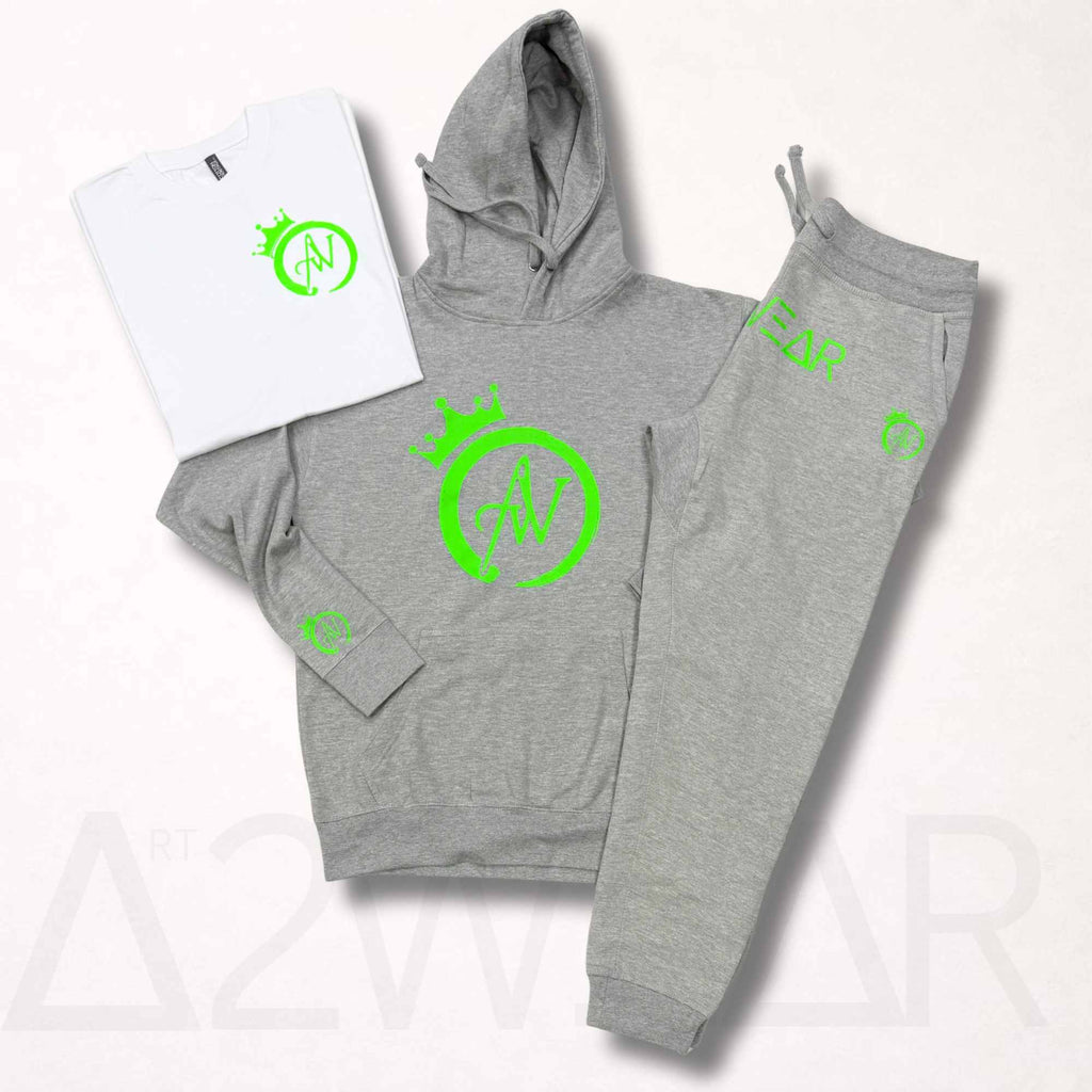 Gray sweatsuit set with lime green crown print hoodie and matching sweatpants, Art to Wear streetwear set
