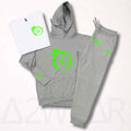 Gray sweatsuit set with lime green crown print hoodie and matching sweatpants, Art to Wear streetwear set