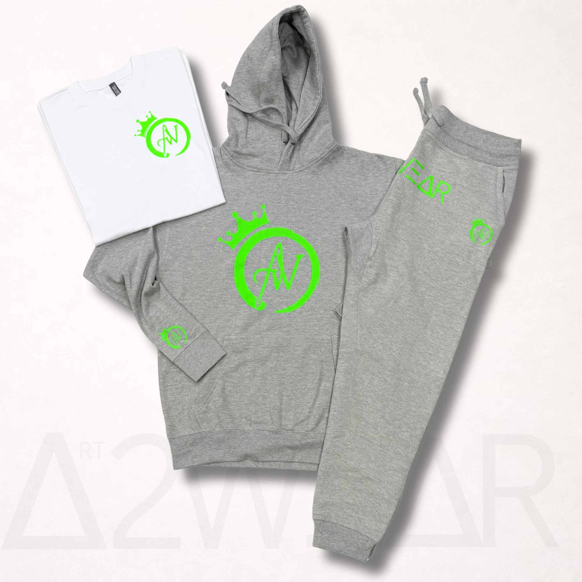 Gray sweatsuit set with lime green crown print hoodie and matching sweatpants, Art to Wear streetwear set