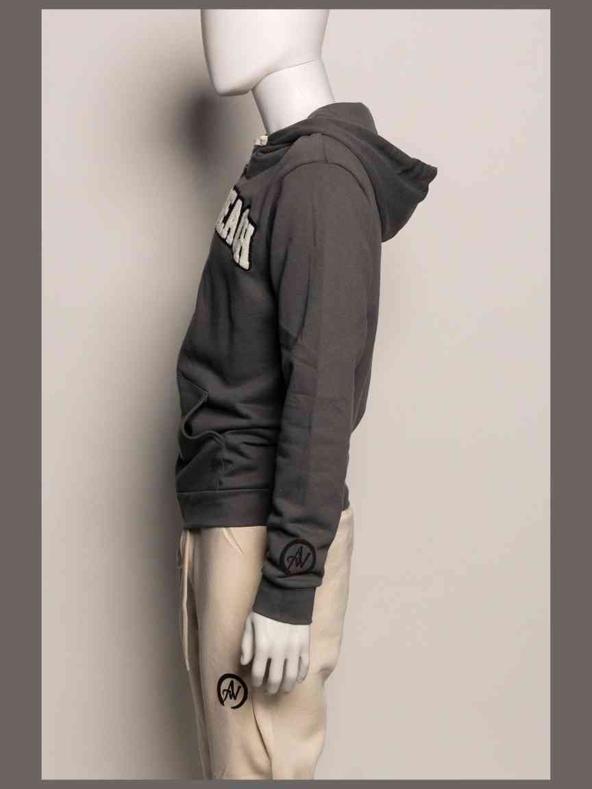 Mannequin wearing a dark gray hoodie with A2W logos on a plain background
