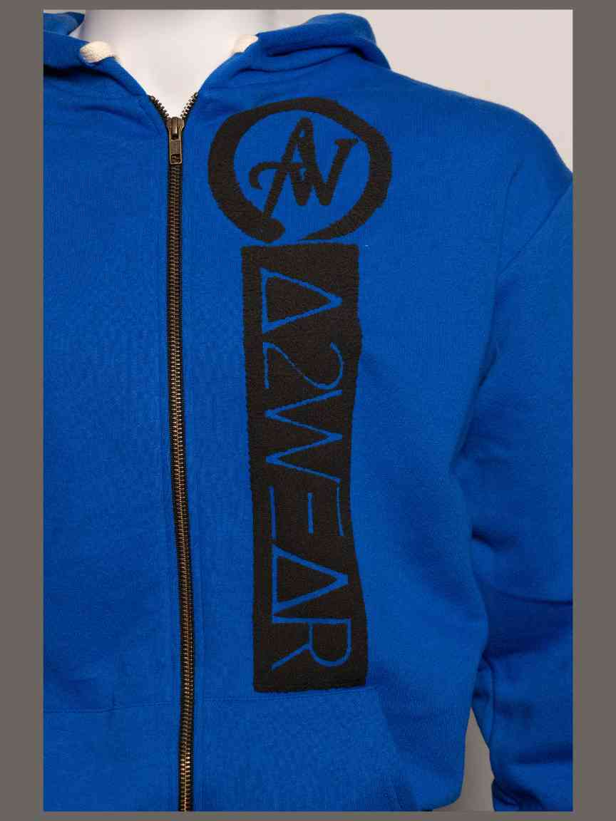 Blue jacket with black logo and Art to wear on a white background