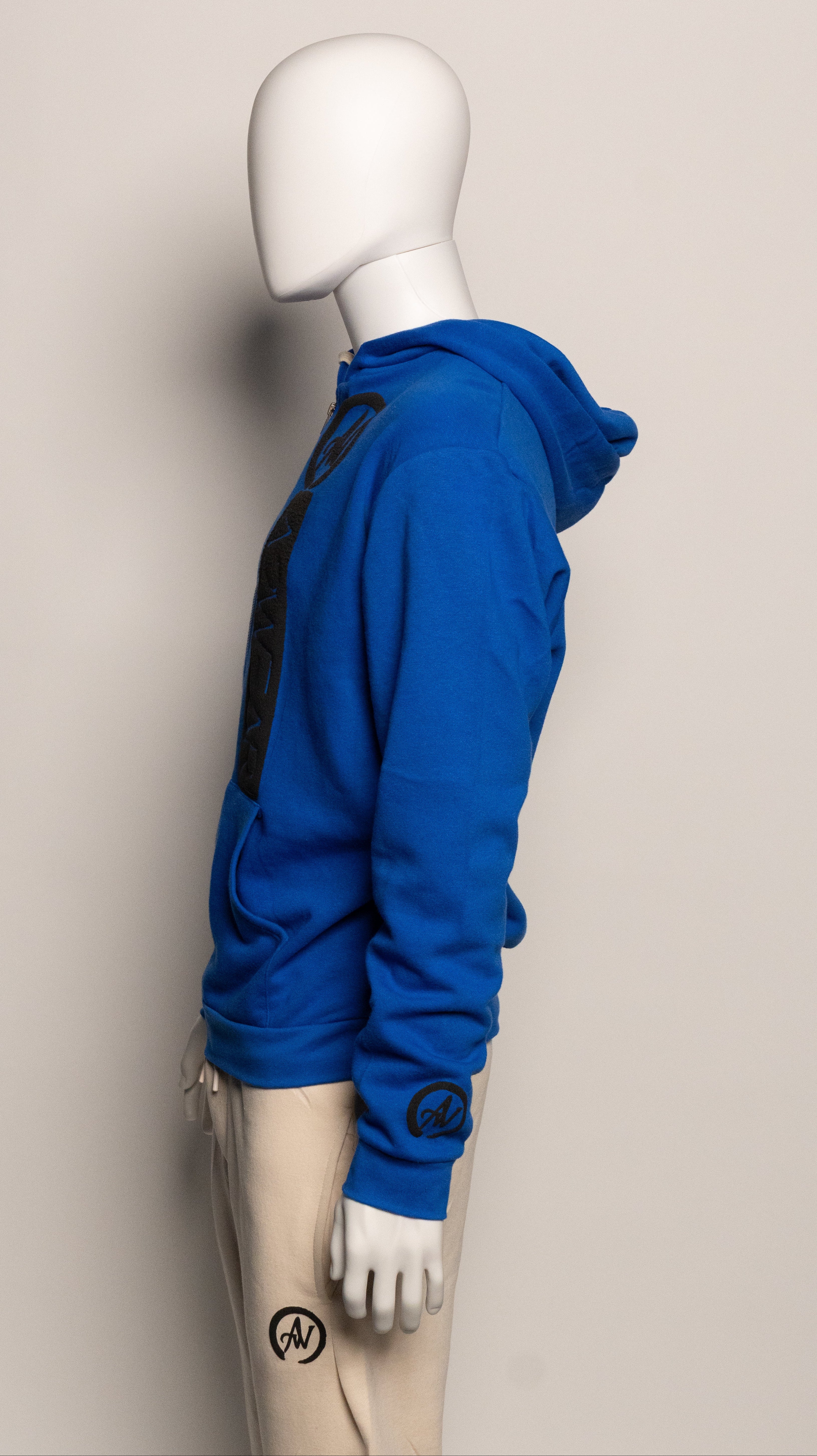 Blue hoodie on a mannequin against a plain background