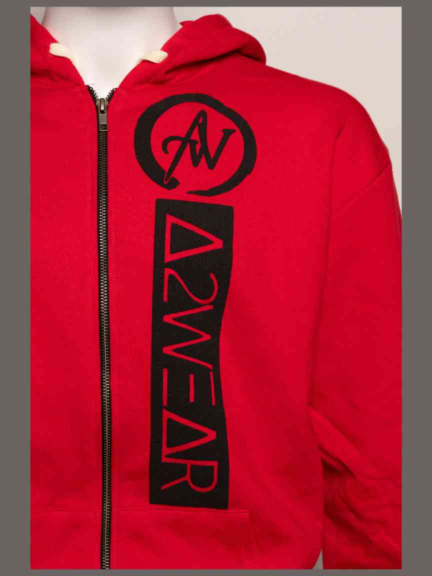 Red hoodie with black A2W logo on a plain background