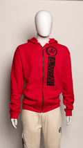 Red hoodie with A2W logo on a mannequin against a plain background