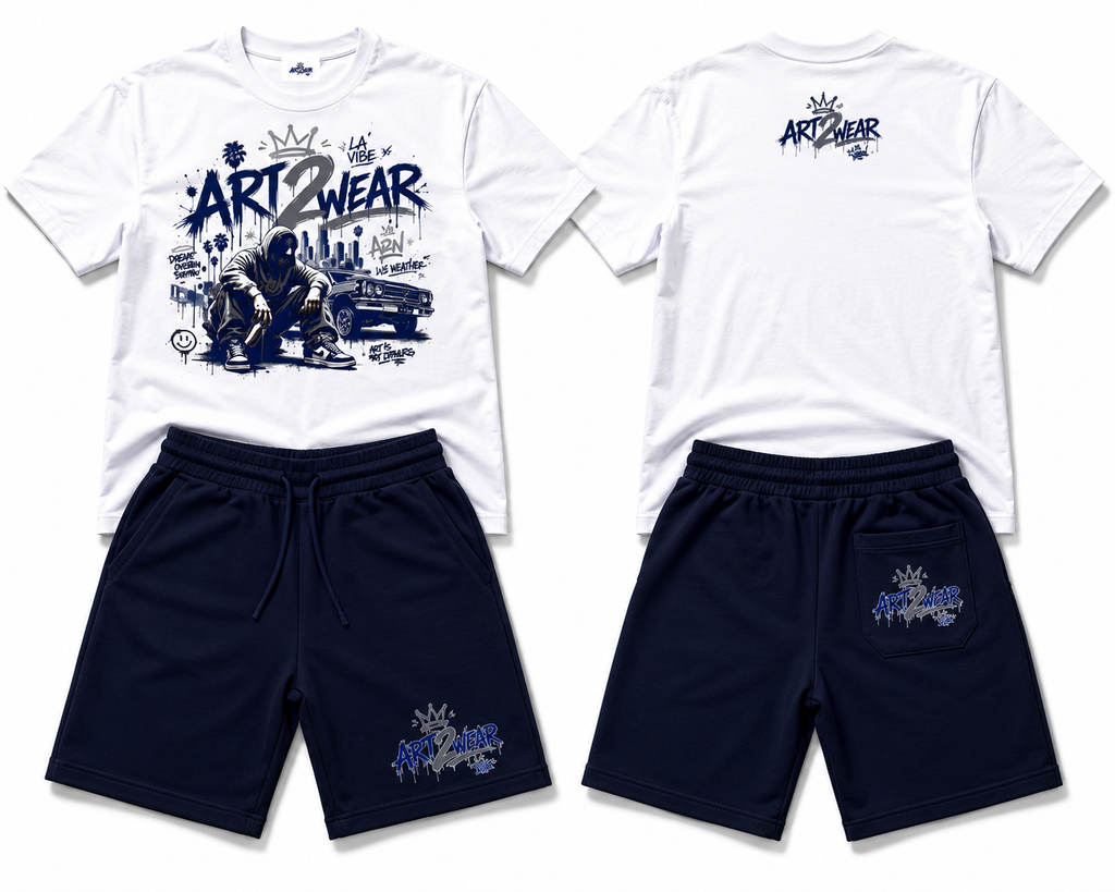ART2WEAR Royal Blue Streetwear Tee & Fleece Short Set – White/Blue