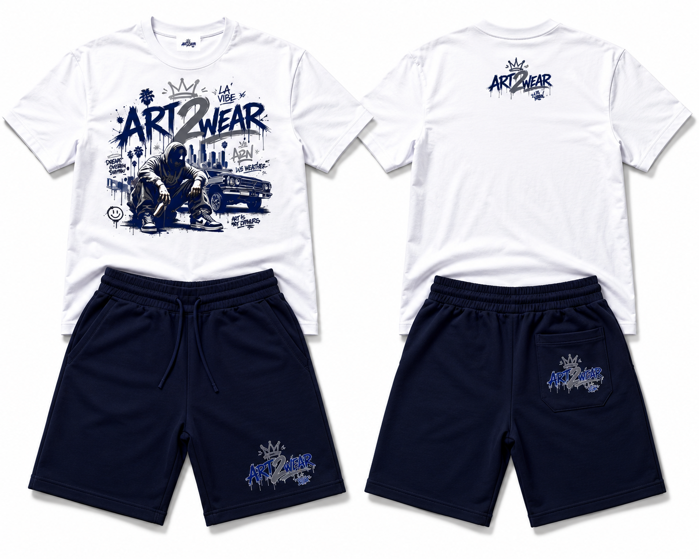 ART2WEAR Royal Blue Streetwear Tee & Fleece Short Set – White/Blue
