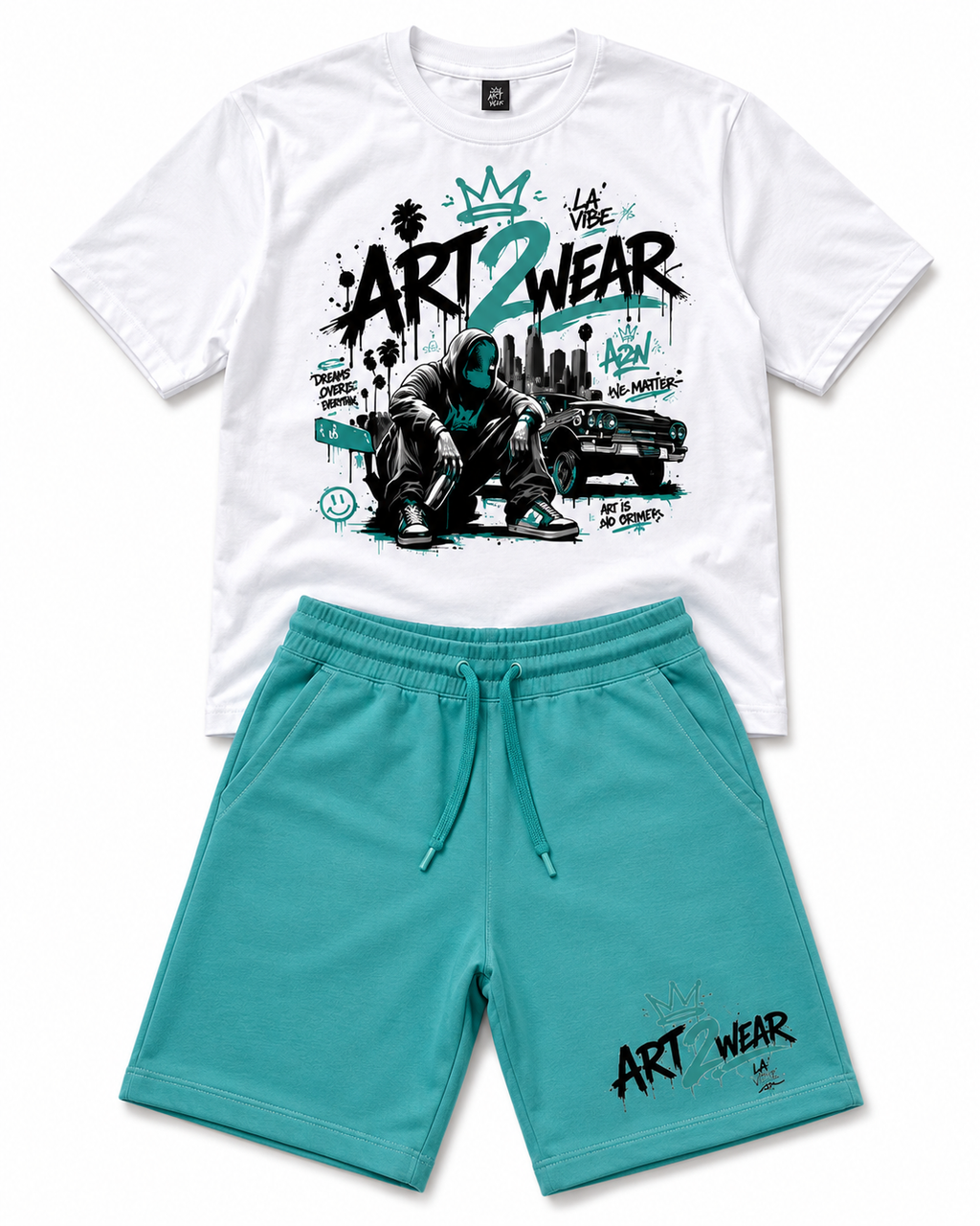 ART2WEAR Aqua Wave Streetwear Tee & Fleece Short Set – White/Aqua