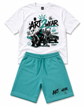 ART2WEAR Aqua Wave Streetwear Tee & Fleece Short Set – White/Aqua