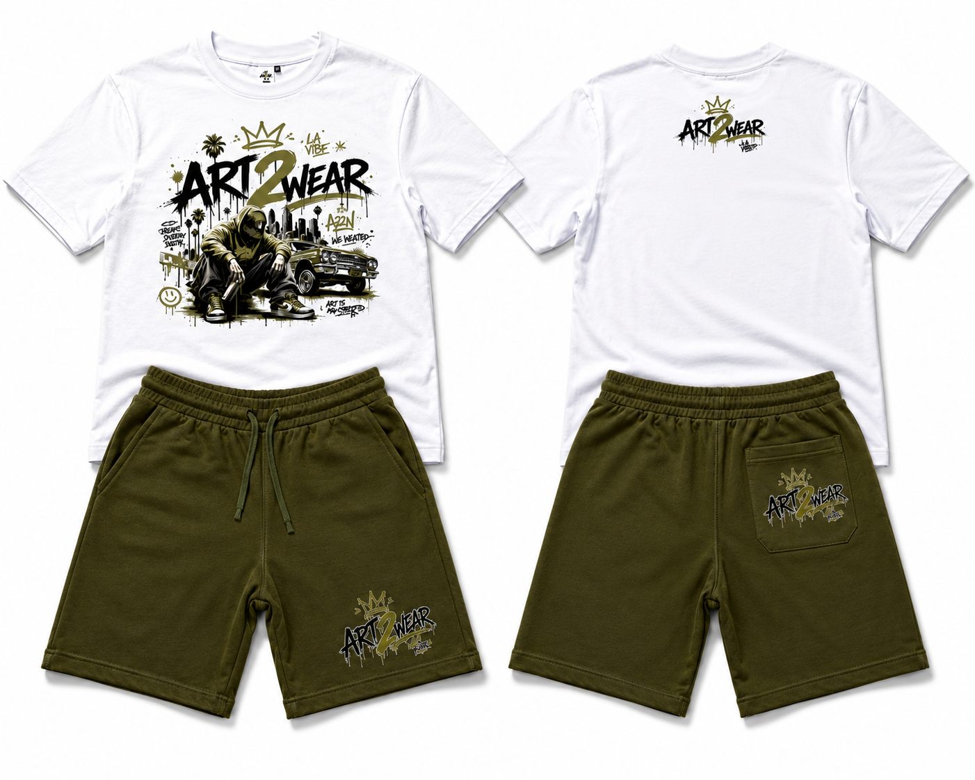 ART2WEAR Olive Green Streetwear Tee & Fleece Short Set – White/Olive
