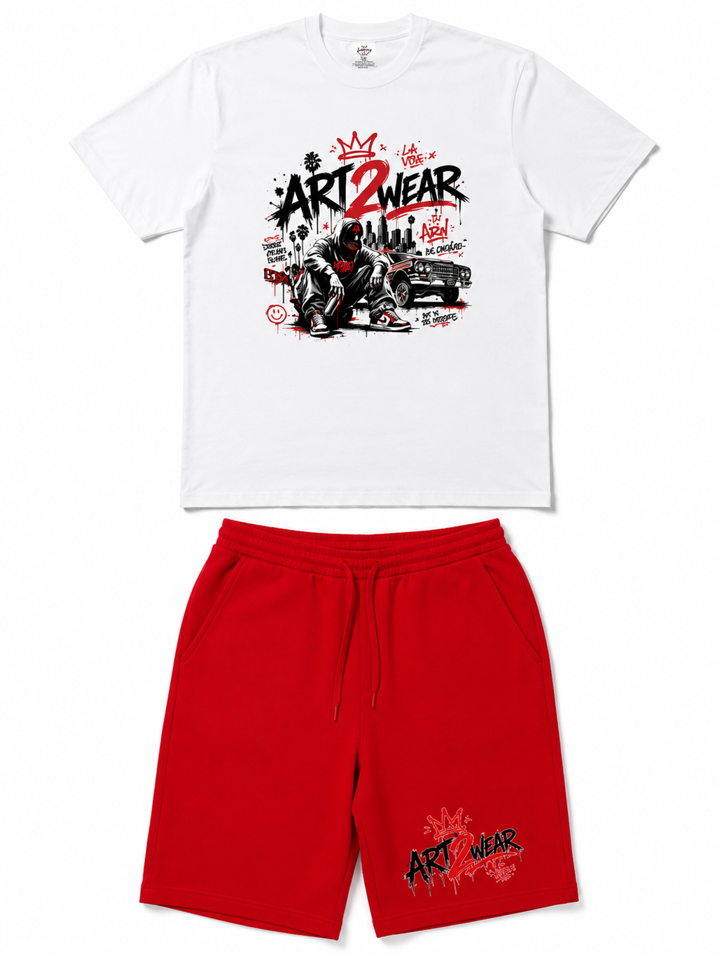 ART2WEAR Urban Graffiti Tee & Fleece Short Set – White/Red